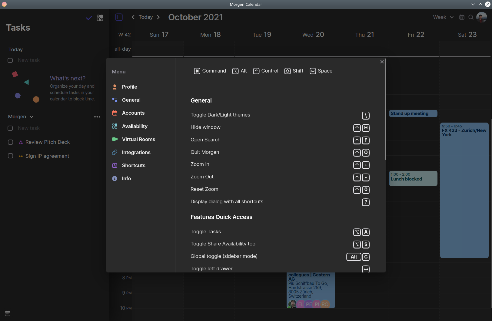 Every common action in Morgen has a dedicated keyboard shortcut. This will make navigating your calendar, scheduling new events and joining a meeting faster than ever.